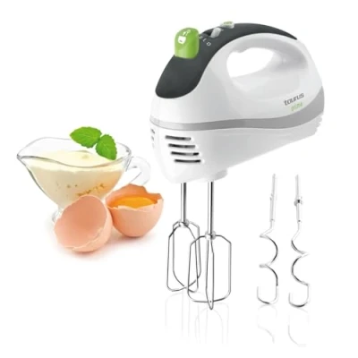 Immagine di Taurus Stazione in acciaio inossidabile Impastatrice elettrica da 500 W, 5 velocità, funzione Turbo, 2 tipi di fruste, ganci per impastare e fruste rimovibili, senza BPA, compatto, bianco