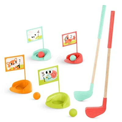 Immagine di B. toys Hole in Fun Mini Mazze da Golf Legno con Sacca di Custodia Set Giochi per Bambini Palline e Coppe Il Putting, 3 Anni +
