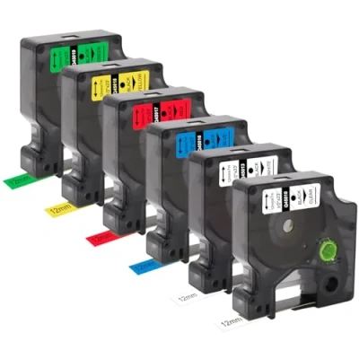 Immagine di Molabel 6 nastri compatibili con Dymo D1 12 mm 45013 45010 45016 45017 45018 45019 x 7 m per LabelManager 160 280 100 210D 360D 420P, bianco/trasparente/blu/rosso/giallo/giallo/giallo Verde