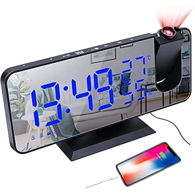 Immagine di Sveglia Digitale da Comodino, con Proiettore 180, Radiosveglia Luminosità Regolabile Termometro Umidità Caricatore USB, Snooze Doppi Specchio LED Display (nero)