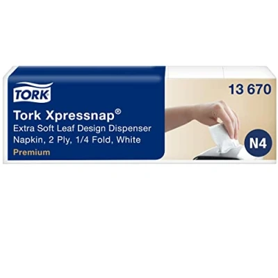 Immagine di Tork 13670 tovaglioli intercalati Extra Soft per dispenser Xpressnap Premium, sistema N4, 2 veli, 8 pacchi x 500 (4000pz), 21,3 cm (lungh.) 33 (largh.), motivo a foglie, bianco