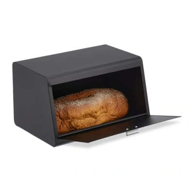 Immagine di Relaxdays Cassetta Portapane in Acciaio, Contenitore Porta Pane e Biscotti, Salvafreschezza, 20,5x34,5x23,5 cm, Nero, Inox