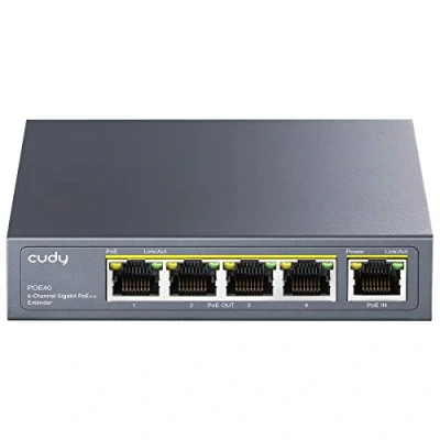 Immagine di Cudy 4 canali Gigabit Poe Extender, 10/100 / 1000Mbps, 1 Ingresso, Uscita, Ripetitore/Poe + Amplificatore/Poe ++ ripetitore, Montaggio a Parete, Margherita, 802.3bt AT/AF
