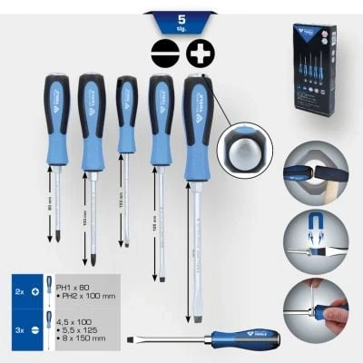Immagine di BRILLIANT TOOLS BT031020 Serie di giraviti con calotta percussione, 5 pz, a intaglio, PH Phillips [Powered by KS TOOLS]