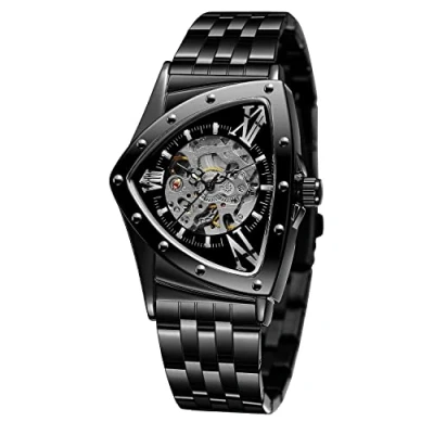 Immagine di FORSINING Orologio da polso uomo, impermeabile fino a 30 m, scheletro, automatico, abbagliante, retrò, triangolare, Nero , Bracciale