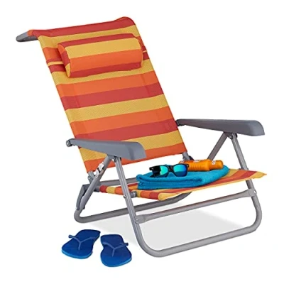 Immagine di Relaxdays Sedia Sdraio Pieghevole, Cuscino Poggia Testa, Braccioli e Apribottiglie Laterale, Giallo Rosso Arancione, Tessuto, Acciaio, Multicolore, 1 pz