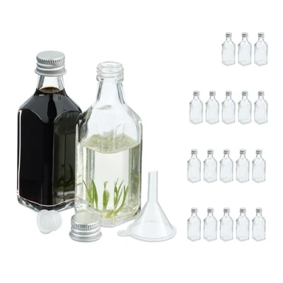 Immagine di Relaxdays Set 20 Bottigliette in Vetro per Bomboniere, Bottiglie da 50 ml, Barattolini con Tappo, Trasparente Argentato