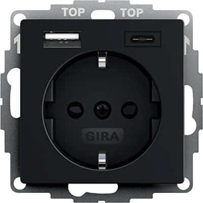 Immagine di Gira 2459005 presa Schuko con connettore USB, protezione da contatto, 2 prese tipo A (max.2,4 A), C(max.3 A, sistema 55, colore: Nero opaco Up, parete per smartphone, tablet, 32 mm