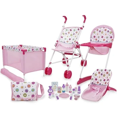 Immagine di 509 Crew Spring Pink set di 21 bambole &quot;Stroll n Play &amp; Care&quot;, da gioco combinato: passeggino per bambole, letto viaggio seggiolone, a partire dai 3 anni in su