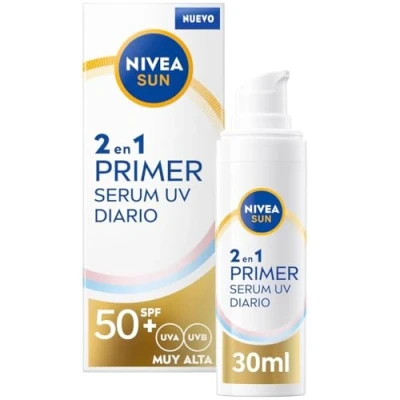 Immagine di Nivea Sun Primer Sierum UV Diario 2 in 1, siero viso con protezione solare SPF 50+, che protegge e ammorbidisce la pelle, acido ialuronico licocalcon A, 1 x 30 ml