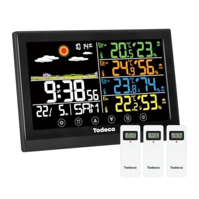 Immagine di Todeco Stazione Meteo con 3 Sensore Esterno Interno, Meteorologica Display a Colori Allarme, Adattatore AC, LCD Colori, Temperatura, Umidità, Data, Previsioni di Tempo