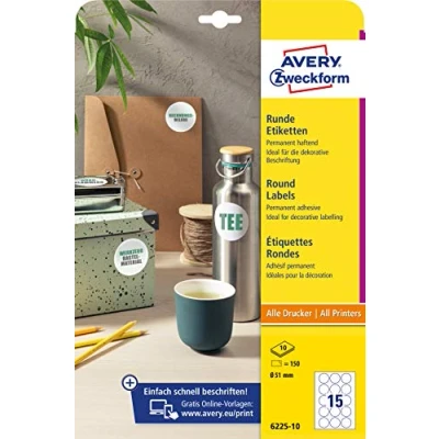 Immagine di AVERY Zweckform 6225 10 etichette rotonde (150 adesivi, diametro 51 mm su fogli A4, adesivi rotondi da stampare, autoadesive permanenti per barattoli di marmellata) fogli, bianche