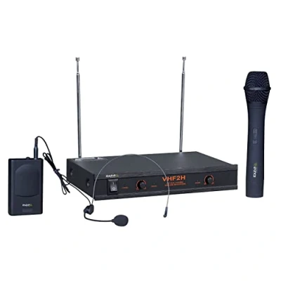 Immagine di Ibiza VHF2H Sistema microfonico wireless con 1 microfono palmare VHF, per cuffie VHF e ricevitore 2 canali 203,5 207,5 MHz Nero