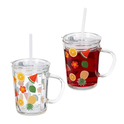 Immagine di Relaxdays Set da 2 Tazze per Bambini, Bicchieri in Vetro, Silicone, ABS, Cannuccia Manico e Tappo, 400 ml, Trasparente