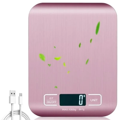 Immagine di bilancia da cucina digitale: ricaricabile USB, 10 kg/1 g, con display a LED e funzione tara, digitale per cuocere cucinare, fiere (rosa)