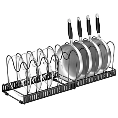 Immagine di Fousenuk Porta Coperchi Pentole, Organizer Padelle con 10 Scomparti Regolabili, Salvaspazio, Portacoperchi Allungabile, Supporto per Coperchio in Metallo, Contenitore da Cucina (Nero)