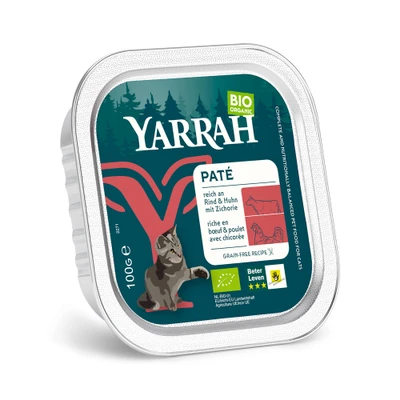 Immagine di YARRAH Cibo per Gatti Biologico Paté con Manzo e Pollo Molto Gustoso di Cicoria Tutti i Tipi Gatto, dai Cuccioli ai più Anziani 100g