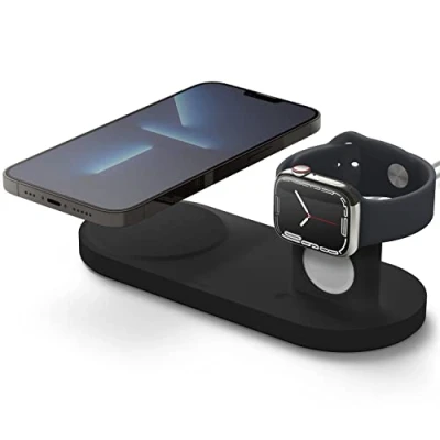 Immagine di elago 2 in 1 Stand di Ricarica Compatibile con Mag Safe, iPhone 16/15/14/13/12, Tutte le Serie Apple Watch, AirPods 4/3 e Pro 2/1 [Caricatore Non Incluso] (Nero)