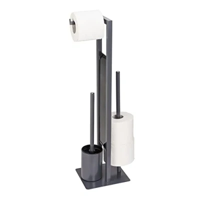 Immagine di WENKO Stand Rivalta Scopino WC autoportante con scopino, porta rotolo di carta igienica e ricambio, in acciaio laccato opaco, divisorio vetro sicurezza, 18 x 70 23 cm, colore: Grigio