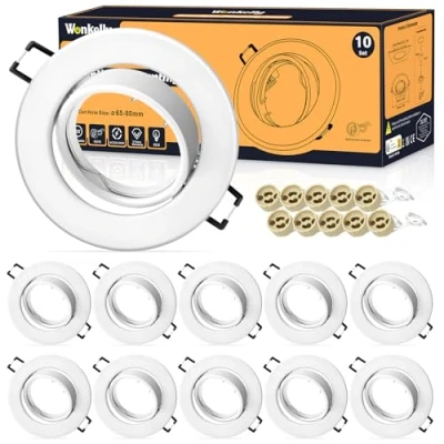Immagine di Wonkelly Cornice Faretti da Incasso GU10, incl. Portalampada GU10 per LED Cartongesso, Rotondo Bianco Ø68mm Orientabili a 30 e Alogene, Set 10