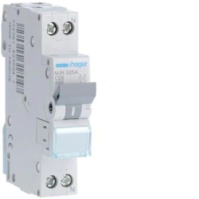 Immagine di HAGER MJN525A INTERRUTTORE AUT. MAGNETOTERMICO 1P+N 1M 4, 5K 25A