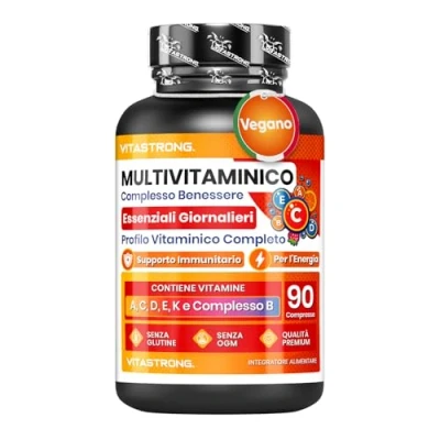 Immagine di Multivitaminico Completo Vitastrong Vitamina C, E, B1, B2, B6, D, A, K, B12, Biotina 100% Naturale e Puro 13 Vitamine Ad Alto Dosaggio Made in Italy