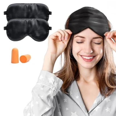 Immagine di Viedouce Mascherine per Dormire 2 Pezzi, Mascherina Occhi in 100% Seta Naturale Pura,Bloccare la Luci Donna e Uomo con Cinghia Comoda Orientabile, Nero