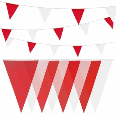 Immagine di Heku Bandierina rossa e bianca con 20 bandierine, resistente alle intemperie, lunghezza 10 metri, grande accattivante, ideale per eventi, nastro di fissaggio integrato