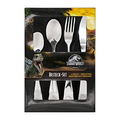 Immagine di Jurassic World Bambini, 4 Pezzi con Impronte di Dino, Set Posate in Acciaio Inox Coltello, Forchetta, Minestra e Cucchiaio da Dessert, Colore Silver, 20,5x14x3cm, 10138226