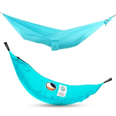 Immagine di Ticket to the Moon Amaca Compact, commercio Equo &amp; Fatta a mano, leggera TURCHESE per viaggi, campeggio e uso quotidiano, 3.2 * 1.55m, solo 480g, nylon paracadute in seta, Si monta &lt; 1 min.