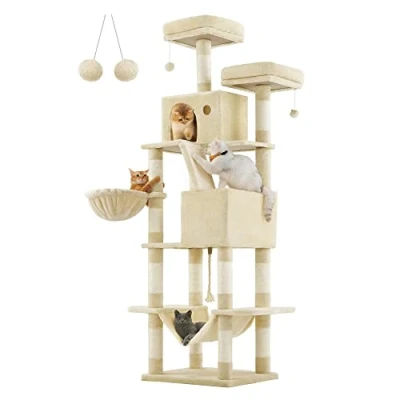 Immagine di Feandrea Albero per Gatti, Alto 206 cm, Tiragraffi Gatti con 13 Graffiatoi, 2 Posatoi, Grotte, Cesto, Amaca, Pompon, in Peluche a Più Livelli all’Interno, Bianco Crema PCT190T01