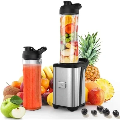 Immagine di Enfmay Frullatore Elettrico, 350W Blender per Frutta con 2 Bottiglie da 600ml Senza BPA, 4 Lame Acciaio Inox, Portatile Pulsante One Touch, Blocco Sicurezza, Facile Pulire