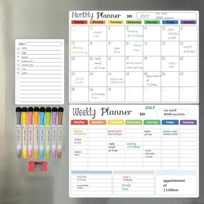 Immagine di Hivillexun Set di Lavagne Magnetiche Cancellabili (3 Pezzi) per Frigorifero e Parete con Planner Mensile, Settimanale Blocco Note Giornaliero. Include 8 Pennarelli 1 Gomma