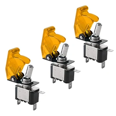 Immagine di QitinDasen 3Pcs Auto Interruttore a Levetta, con Giallo LED Indicatore e Impermeabile Copertura, ON OFF 2 Posizione 3 Pin SPST Bilanciere (20A/12VDC)