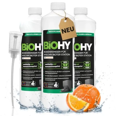 Immagine di BiOHY detergente per pavimenti robot, stazione con profumo arancione (3 x 1 litro) + dosatore, concentrato tutti i robot pulitore e aspirapolvere funzione bagnata, braccio di