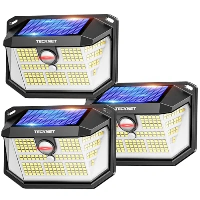 Immagine di lampada solare da esterno, 231 LED, proiettore con illuminazione a 300, parete impermeabile IP65, 3 modalità, rilevatore di movimento, per giardino, patio e garage Pezzi