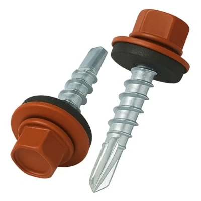 Immagine di 4.8 mm x 25 viti per tetti, testa esagonale autoperforanti colorate (RAL 8004 Marrone rame) tetti con rondella di tenuta in EPDM, temprate zincate antiruggine (50 pezzi)