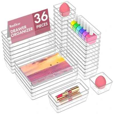 Immagine di Radikor Organizer Cassetti 36 Pezzi, Trucchi in Plastica Trasparente, Bagno Impilabili di 4 Dimensioni, Contenitori per Bagno, Cucina, Trucchi, Scrivania