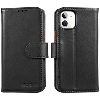 Immagine di Lensun Cover per iPhone 12 Mini, Custodia in Vera Pelle [RFID Blocking] Libro con Portafoglio Chiusura Magnetico Flip Custodie Cuoio Telefono Mini Nero