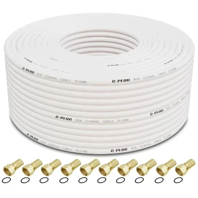 Immagine di G PLUG Set per Cavo Antenna TV 50m Internet, Banda Larga, e Prolunga Satellitare Connettori RG6 a Compressione, Guarnizione in Gomma