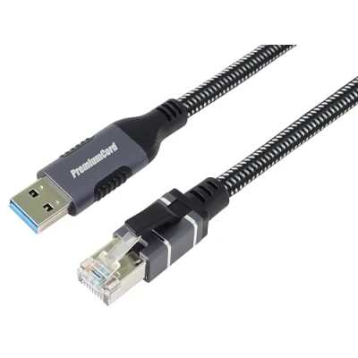 Immagine di PremiumCord Cavo Ethernet da USB A RJ45 10/100/1000 mbit/s, Cat 6 FTP, Maschio maschio, 3.2 Gen 1, Robusto Intrecciato, Colore Space Gray, Lunghezza 2 m