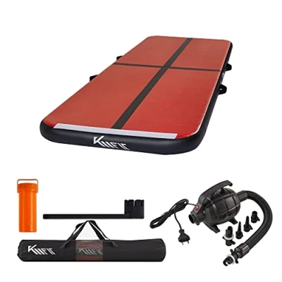 Immagine di KM Fit tappetino da ginnastica gonfiabile, per Airtrack, 4 m, colore nero e rosso, con borsa il trasporto, pompa ad aria elettrica set di toppe, resistente ai raggi UV, allenamento