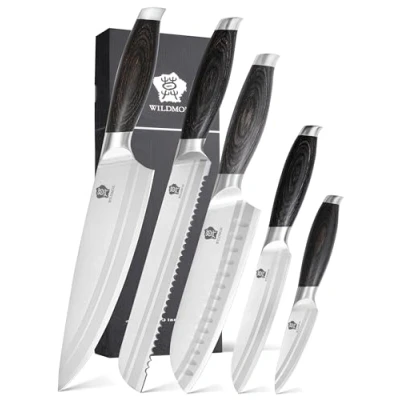 Immagine di WILDMOK set di coltelli professionisti, da coltello cucina 5 pezzi, chef in acciaio inossidabile tedesco con scatola, maniglia nera pakkawood