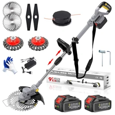 Immagine di Tagliabordi a Batteria 21V, Decespugliatore 4 in 1, con 2 Batterie 4,0 Ah, Maniglia Telescopica, Testa Girevole 90, Spazzola per Erbacce, 20 Taglio Linee, Lame Lega, Potatura