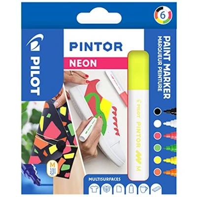 Immagine di Pilot Pintor, Pennarelli creativi Confezione da 6 Nero/Bianco/Rosa Neon/Verde/Giallo/Arancione a vernice per progetti fai te, quasi tutte le superfici, asciugatura rapida