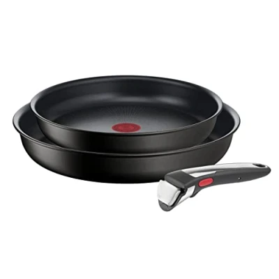 Immagine di Tefal Ingenio Unlimited ON L3959143 Set di 3 padelle antiaderenti a induzione, da 24 e 28 cm, 1 manico rimovibile, facile pulire, indicatore calore, colore: nero