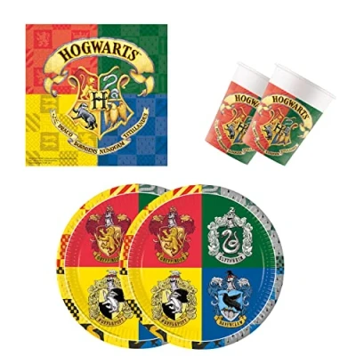 Immagine di Procos Hogwarts 10137422 Set da 52 pezzi, 16 piatti, bicchieri, 20 tovaglioli, stoviglie usa e getta, per feste, decorazione tavolo