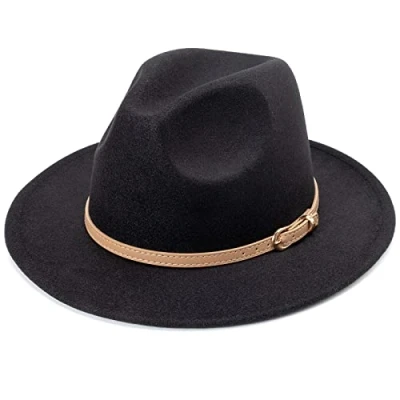 Immagine di DRESHOW Cappello da Cowboy Donna Classico Western Retro a Tesa Larga con Fibbia e Cintura Cappelli Fedora in Feltro Arrotolati Unisex