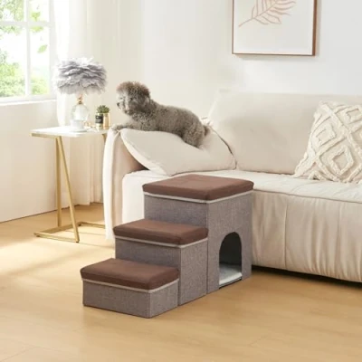 Immagine di [en.casa] Scala a 3 Gradini per Cani e Gatti con Porticina Contenitori Pieghevoli Coperchio Antiscivolo in Ecopelle 76 x 33 43 cm Marrone Scuro/Grigio