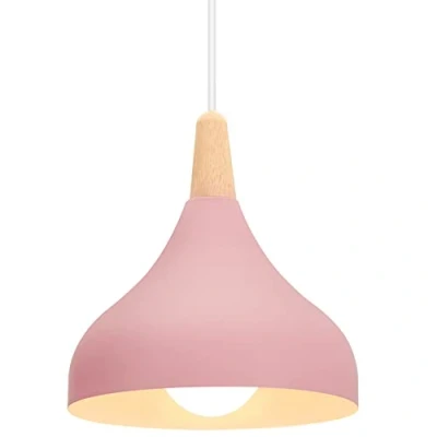 Immagine di iDEGU Lampada a Sospensione Retrò LED Soffitto in Legna Metallo Moderna Lampadario Forma di Goccia Stile Scandinavo Plafoniera per Soggiorno Sala Da Pranzo Camera, 20 cm (Rosa, 1 Pezzo)